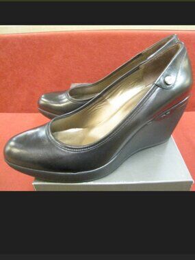 Nero Giardini Black Leather Wedge Pumps Size 36 Made in Italy Comfort Work Shoes